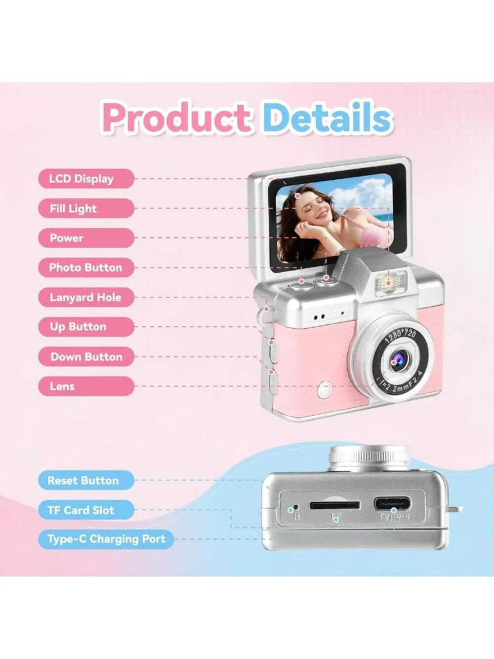 Compact Mini Flip Screen Digital Camera, 1080P Video, USB-C, Retro Pocket Size